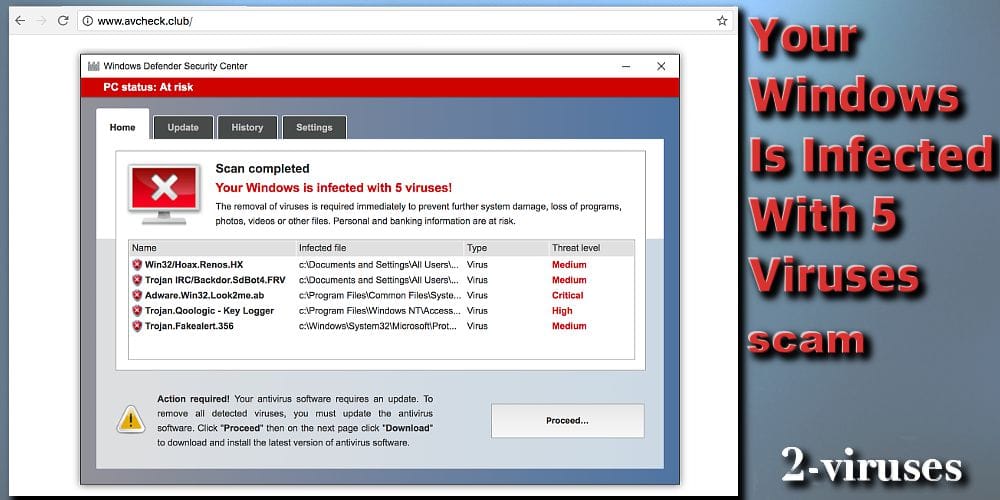 Windows Defender Security Center scam Your Windows is infected with 5 viruses