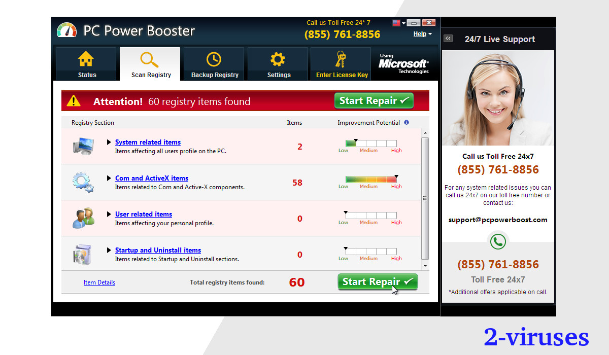 PC Power Booster program screenshot showing 60 errors and a tech support prompt